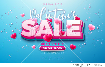 Valentine's Day Sale Banner Design with Falling Heart and 3d Typography Lettering on Blue Background. Holiday Vector Business Illustration with Special Offer Elements for Coupon, Voucher, Flyer 121930467
