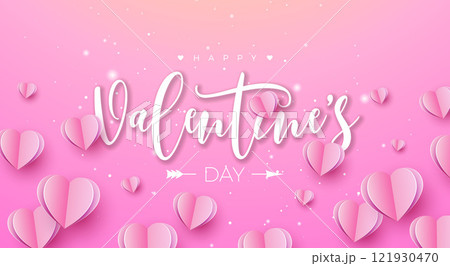 Happy Valentine's Day Banner Design with Heart and Typography Letter on Light Pink Background. Vector Wedding and Romantic Love Valentine Theme Illustration for Flyer, Greeting Card, Holiday Poster or Happy Valentine's Day Banner Design with Heart and Typography Letter on Light Pink Background. Vector Wedding and Romantic Love Valentine Theme Illustration for Flyer, Greeting Card, Holiday Poster or 121930470