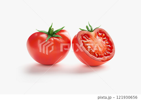 Two half-cut tomatoes in vibrant red color, showcasing juicy pulp and seeds Two half-cut tomatoes in vibrant red color, showcasing juicy pulp and seeds 121930656