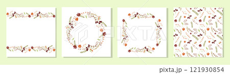 Set of cute postcards with beautiful delicate flowers. Round, rectangular flower frames and seamless pattern. 121930854