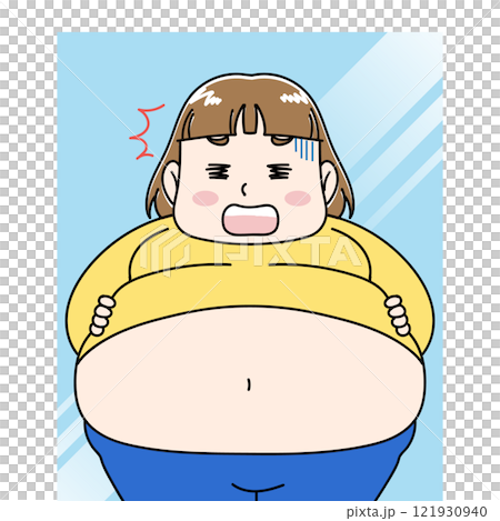 鏡の前で太った自分にショックを受ける女性イラスト 鏡の前で太った自分にショックを受ける女性イラスト 121930940
