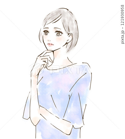 悩む表情のイラスト 水彩風 疑問 質問 考えるポーズ 悩む表情のイラスト 水彩風 疑問 質問 考えるポーズ 121930958