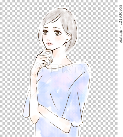 悩む表情のイラスト 水彩風 疑問 質問 考えるポーズ 悩む表情のイラスト 水彩風 疑問 質問 考えるポーズ 121930958