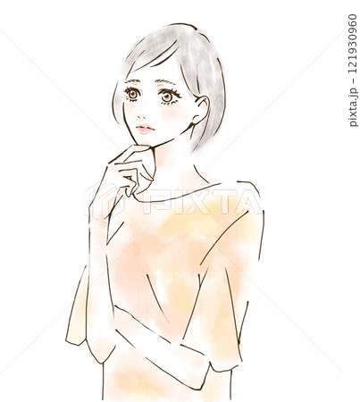 顎に手を当てて悩む表情をする女性のイラスト　手描き 121930960