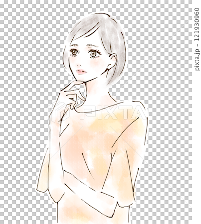 顎に手を当てて悩む表情をする女性のイラスト　手描き 121930960