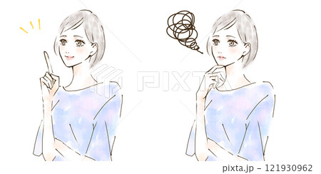 ひらめく表情と悩む女性のイラストセット　ブルー 121930962