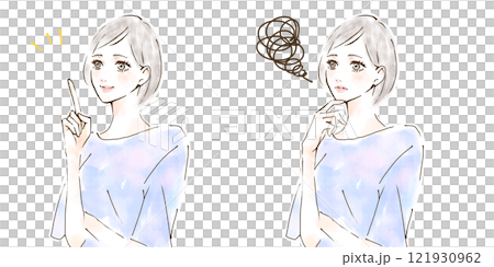 ひらめく表情と悩む女性のイラストセット　ブルー 121930962