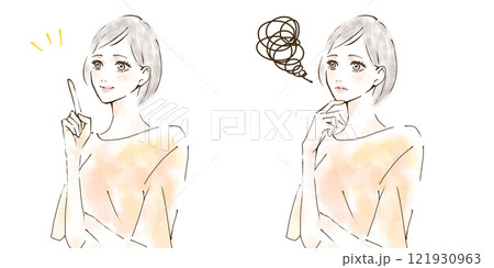 困った表情の女性と明るい表情の女性のイラストセット 121930963