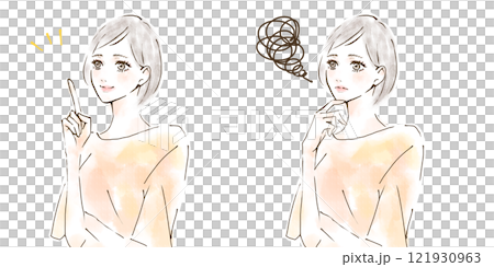 困った表情の女性と明るい表情の女性のイラストセット 121930963