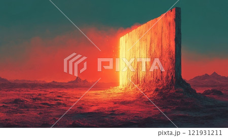 Glowing monolith emerging from red desert landscape at sunset 121931211