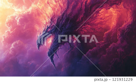 Majestic dragon emerging from vibrant clouds, fantasy illustration Majestic dragon emerging from vibrant clouds, fantasy illustration 121931229