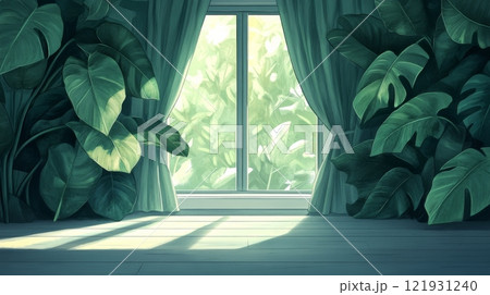 Sunlight illuminating a room with tropical plants and green curtains 121931240