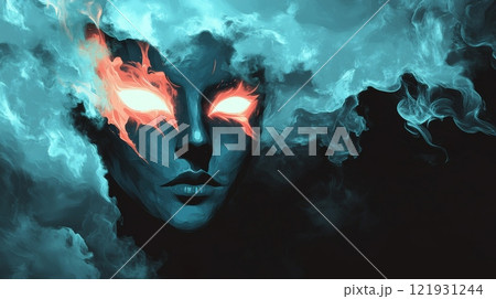 Mysterious woman emerging from teal smoke with glowing eyes 121931244