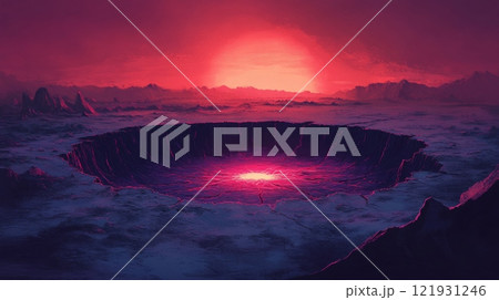 Glowing crater illuminating alien planet during otherworldly sunset 121931246