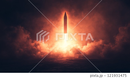 Intercontinental ballistic missile launching, creating a glowing cloud of smoke and fire 121931475