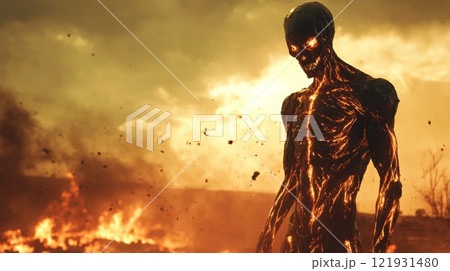 Lava monster emerging from burning earth in apocalyptic scene 121931480