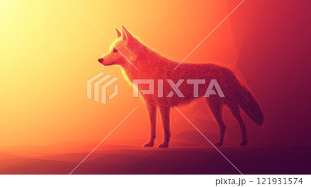 Red polygonal wolf standing in a sunset landscape 121931574