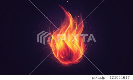 Burning fireball emitting glowing particles on dark background 121931617