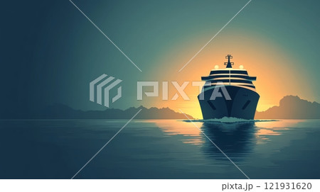 Cruise ship sailing towards the sunset in a calm ocean with mountains in the background 121931620