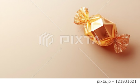 Golden wrapped candy showing luxury and celebration on minimal background 121931621