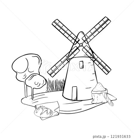 Rustic landscape of windmill, bread and flour bag black white vector illustration isolated. Rural making bread mill, tower mill hand drawn monochrome for design package, label bakery, grocery. 121931633
