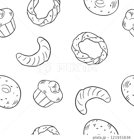Assorted buns and bread rings black white vector seamless pattern isolated . Brioche, simit, croissant and bagel hand drawn monochrome linear sketch. Buns on repeated texture for packaging, textile. 121931636