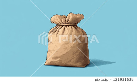 Tied burlap sack resembling money bag on light blue background 121931639