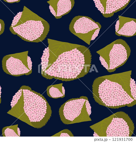 桜餅が桜の花で描かれたシームレスパターン 桜餅が桜の花で描かれたシームレスパターン 121931700
