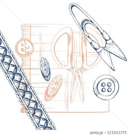 Natural fabric piece with buttons, scissors, ribbon. Sewing craft embroidery supplies. Hand drawn ink vector illustration. Composition isolated on white background. Design atelier, tailor, hobby shop 121931775