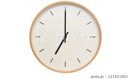 Isolated on white background Minimalist style wooden wall clock, showing time at 19.00/07.00 - Perfect for Time Management and Scheduling Concepts 121931903