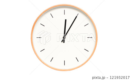 Isolated on white background Minimalist style wooden wall clock, showing time at 12.05/00.05 - Perfect for Time Management and Scheduling Concepts 121932017