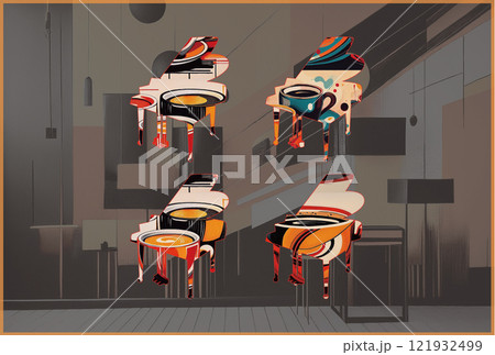 ロートレックカラー&カフェ柄のピアノ達 121932499