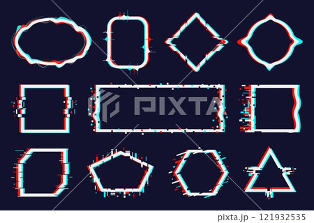 Trendy glitch effects borders. Different shapes frames. Distorted white ovals. Round and triangular forms. Visual noises. Cyber dynamic distortion. Vector abstract graphic elements set 121932535