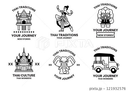 set of illustrations in the concept of Thai tourism and Thai culture in a line style 121932576