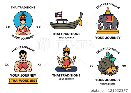 set of illustrations in the concept of Thai tourism and Thai culture in a line style 121932577