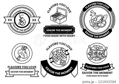 Set of illustrations in the concept of restaurants and seafood in line drawing style 121932584