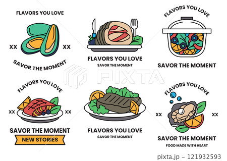 Set of illustrations in the concept of restaurants and seafood in line drawing style Set of illustrations in the concept of restaurants and seafood in line drawing style 121932593