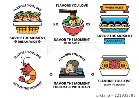 Set of illustrations in the concept of restaurants and seafood in line drawing style Set of illustrations in the concept of restaurants and seafood in line drawing style 121932595