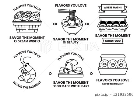 Set of illustrations in the concept of restaurants and seafood in line drawing style Set of illustrations in the concept of restaurants and seafood in line drawing style 121932596