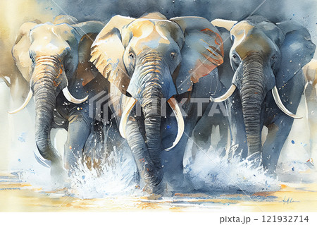 A group of elephants trumpeting and charging forward to protect one of their own from danger, generative ai illustration 121932714