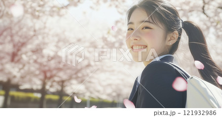 新学期の始まり、桜と笑顔が彩る門出 新学期の始まり、桜と笑顔が彩る門出 121932986