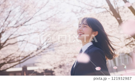 桜吹雪の中、未来を夢見る女学生の笑顔 桜吹雪の中、未来を夢見る女学生の笑顔 121932987