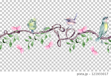 Greenery seamless border with birds on tree branches by watercolor isolated. Hearts, various birds and pink butterflies on repeated nature texture. Seamless foliate banner and woodland animals drawn. Greenery seamless border with birds on tree branches by watercolor isolated. Hearts, various birds and pink butterflies on repeated nature texture. Seamless foliate banner and woodland animals drawn. 121933017