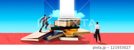 Man and woman navigating with stack of books leading to glowing doorway, symbolizing education as the key to success and achievement. Conceptual art 121933027