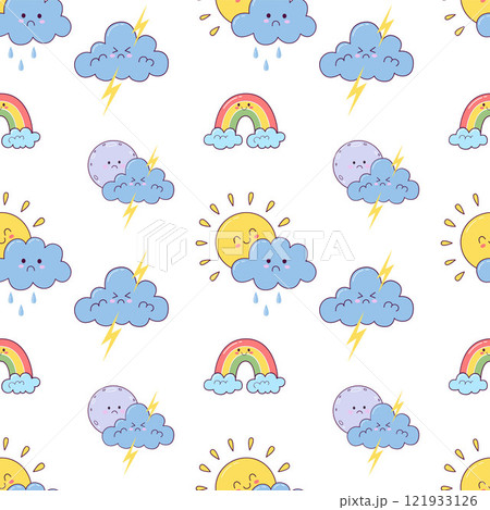 seamless pattern of cute children weather characters on white background. trendy pattern for wrapping paper, textile and other products. 121933126