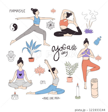 Yoga time elements set. Doodle set of women doing yoga. vector illustration. 121933144