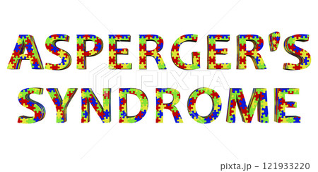 Asperger's syndrome, a text made of colorful puzzle patterns, 3D illustration Asperger's syndrome, a text made of colorful puzzle patterns, 3D illustration 121933220