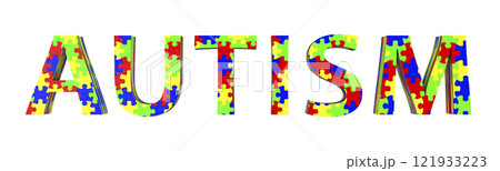 The text Autism made entirely of colorful puzzle patterns, representing the complexity and diversity of the autism spectrum, 3D illustration The text Autism made entirely of colorful puzzle patterns, representing the complexity and diversity of the autism spectrum, 3D illustration 121933223