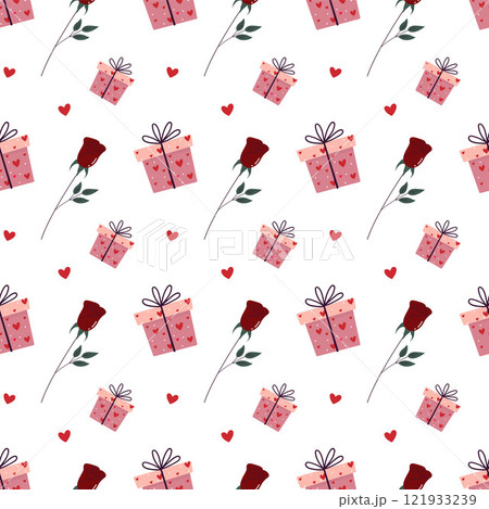Saint Valentines seamless Pattern of Gifts and Roses on White Background Saint Valentines seamless Pattern of Gifts and Roses on White Background 121933239