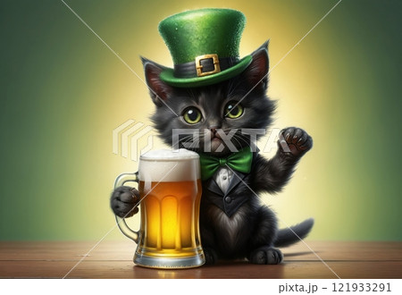 Adorable cat in a festive leprechaun hat and beer Adorable cat in a festive leprechaun hat and beer 121933291